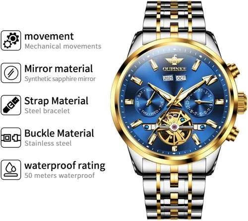 Vista 5 de OLEVS Relojes automáticos para hombre, mecánico, de lujo, cuerda automática, multicalendario, acero inoxidable, impermeable, relojes de pulsera
