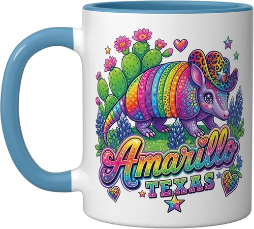 Vista 5 de Amarillo Texas Rainbow Armadillo Cowboy 80s Retro Souvenir Ceramic Mug, Black/White