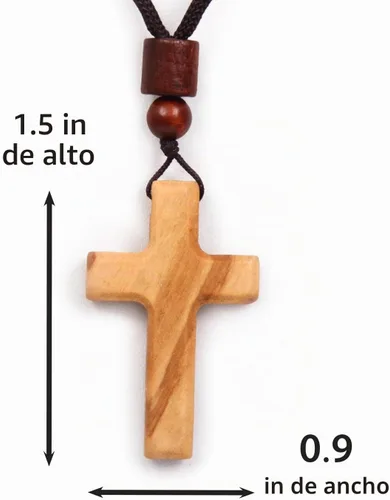 Vista 3 de Collar de cruz de madera de olivo de 1.5 pulgadas, colgante cristiano hecho a mano con cordón de algodón, pequeña cruz de fe de madera para espejo