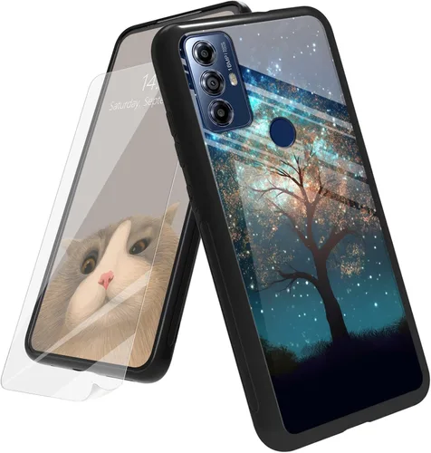 Vista 153 de Funda para Motorola Moto G Play 4G 2024 con protector de pantalla, parte trasera de vidrio templado + funda de silicona suave TPU absorción