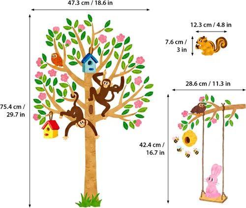 Vista 6 de DECOWALL SG-2201 Woodland Nursery Decor Wall Stickers Animals Nursery Girls Tree Forest Boy Room Fall Fox Deer Owl Playroom Living Bedroom Baby