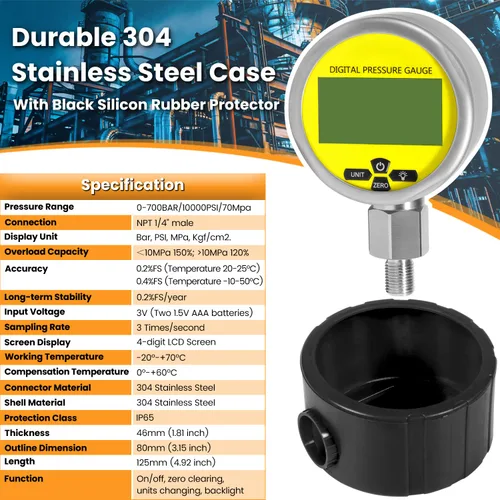 Vista 4 de Manómetro de presión hidráulica digital de 10000PSI Sensor de presión Manómetro con conector NPT de 1/4 de pulgada Base Entrada 700BAR/70Mpa 3.15