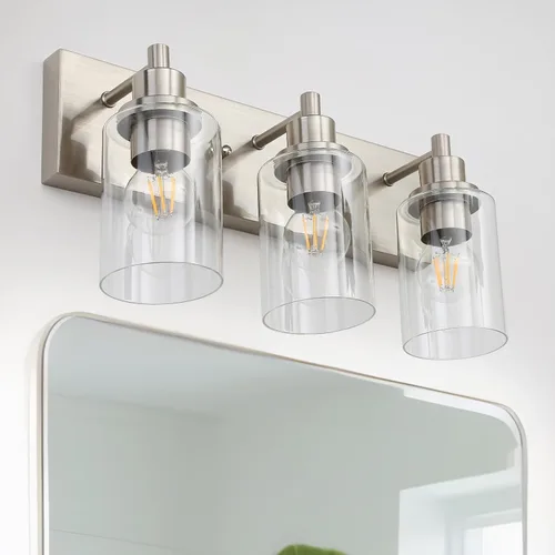Vista 15 de LOUSACE Lámpara de tocador de baño de 3 luces, lámparas de baño negro mate sobre el espejo, iluminación moderna de baño con pantalla de vidrio
