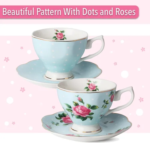 Vista 5 de BTaT - Juego de té floral para adultos, 13 piezas, servicio para 4, olla (38 onzas) y tazas (8 onzas) con platillos, diseño floral azul pastel