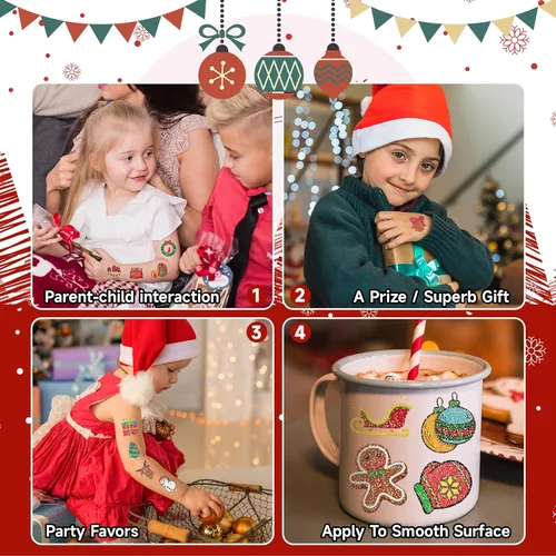 Vista 7 de EMOME 408 tatuajes temporales de Navidad, calcomanías de tatuaje con purpurina de Navidad para niños envueltas individualmente a granel, rellenos