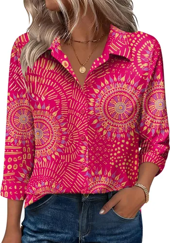 Vista 20 de Zeagoo Camisas con botones para mujer, manga 3/4, cuello en V, blusas con cuello en V, trajes casuales de negocios