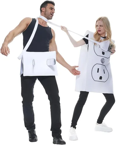 Vista 3 de Megartico Disfraz de Halloween para parejas de enchufe y enchufe para adultos, mujeres y hombres, divertidos trajes de fiesta de humor para parejas