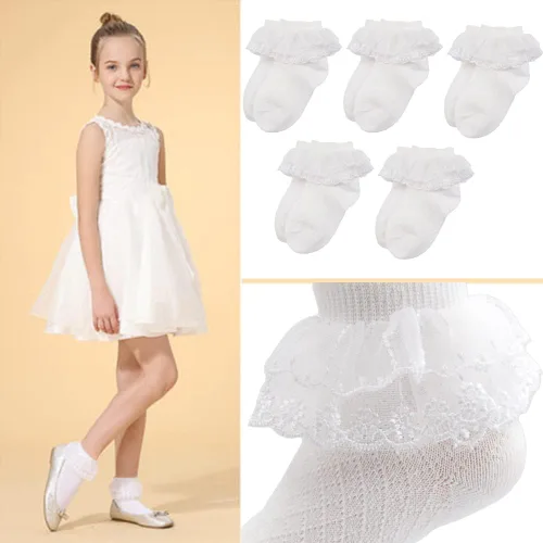 Vista 7 de Looching 5 pares de calcetines de encaje con volantes para niñas pequeñas con ojales de algodón blanco con volantes calcetines de princesa