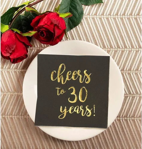 Vista 3 de BLUE PANDA Servilletas de 30 cumpleaños – 5 x 5 pulgadas, 3 capas, 50 unidades, negro y dorado – Servilletas estampadas con texto en inglés «Cheers