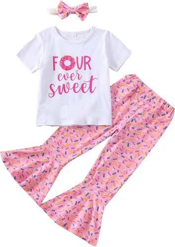 Vista 38 de Conjunto de ropa de cumpleaños para bebé niña pequeña, camiseta de manga larga, pantalones de campana, diadema
