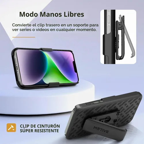 Vista 2 de MOTIVE - Funda para iPhone 14 con clip para cinturón, rígida, función atril, 6.1 pulgadas