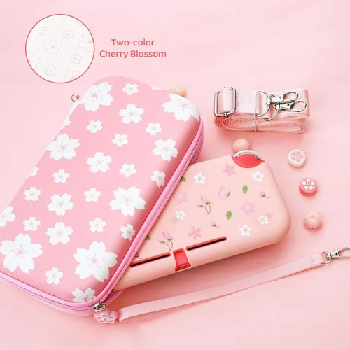 Vista 7 de RHOTALL Pink-White Cherry Blossom Carrying Case for Nintendo Switch Lite, Potable Storage Case for Switch Accessories with Protective Case, Screen