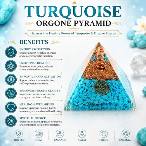 Vista 3 de Exquisitas piedras preciosas de cristal de pirámide de orgón turquesa A++ Chakra Cobre Metal