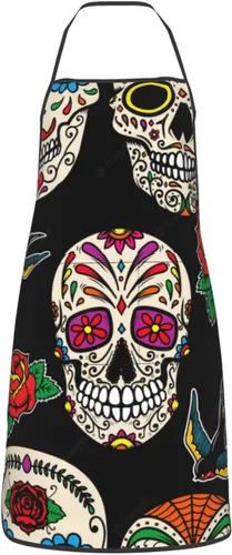 Vista 14 de Delantal de calavera de azúcar, delantales de cocina para hombres y mujeres, delantal de cocina, delantal de chef, delantales de jardín ajustables