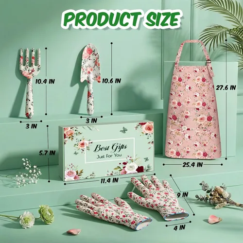 Vista 8 de Regalos de jardinería para mujeres, suministros de jardinería, herramientas de jardín con tenedor de mano, pala, guantes, delantal, para mamá