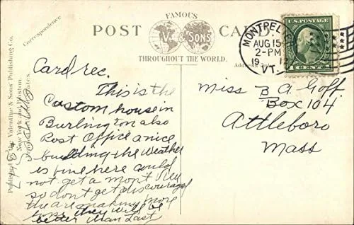 Vista 2 de Post Office and Custom House Burlington, Vermont VT Original Antique Postcard