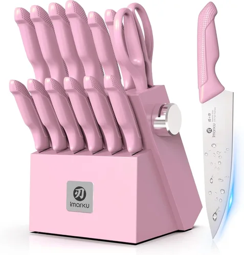 Vista 4 de imarku Juego de 14 cuchillos con bloque, juego de cuchillos de cocina de acero inoxidable japonés con afilador integrado, asas ergonómicas