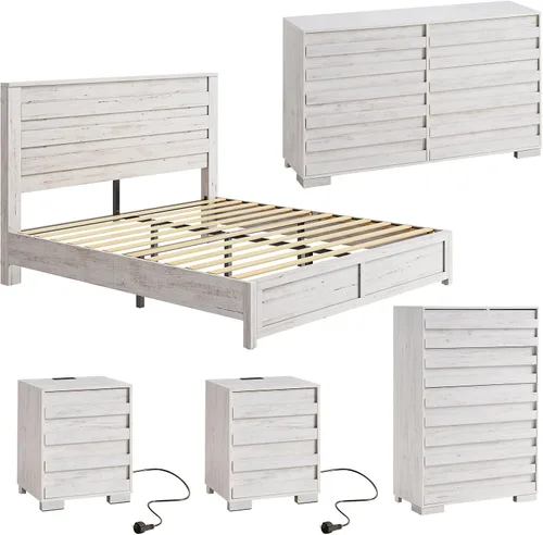 Vista 10 de Juego de 5 piezas para dormitorio de granja, incluye marco de cama tamaño Queen con cabecera alta, cómoda rústica de 6 cajones, cómoda alta de 5