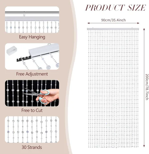 Vista 5 de ANMINY 30 hebras de cortinas con cuentas para puertas, cortinas de cuentas de cristal iridiscente de alta densidad para colgar en la puerta