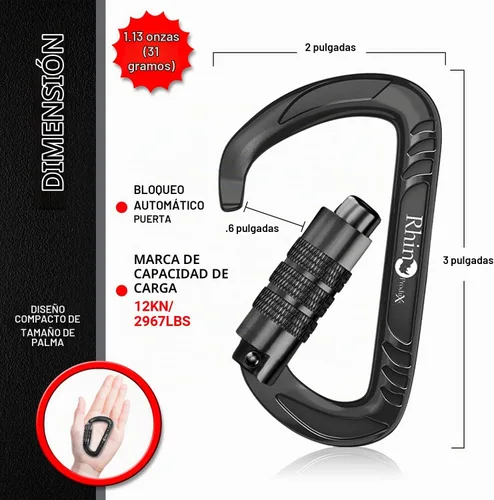 Vista 2 de Rhino Produxs 12kN (2697 lbs) Heavy Duty Carabiner Clips Autolocking Negro