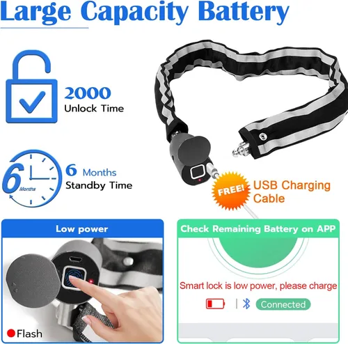 Vista 6 de Eseesmart Cerradura de cadena para bicicleta, cerraduras de bicicleta de huellas dactilares, antirrobo, cerraduras de seguridad de 3.28 pies
