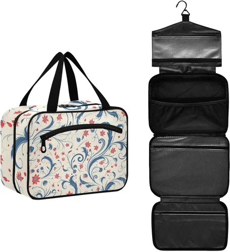 Vista 2 de Vintage Blue Leaves Red Flowers Pattern hanging travel toiletry bags for women with hook, designer necessities medicine bag for women traveling