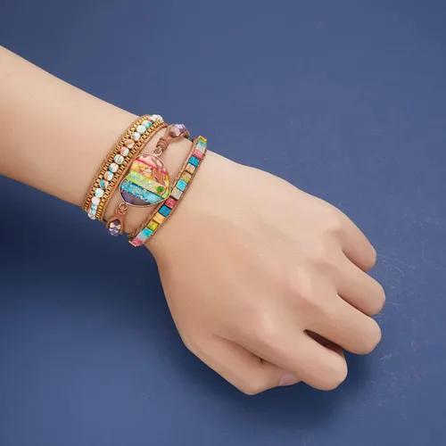 Vista 4 de Pulsera de piedras preciosas de corazón natural para curación de 7 chakras, energía de meditación, protección espiritual, equilibrio de salud