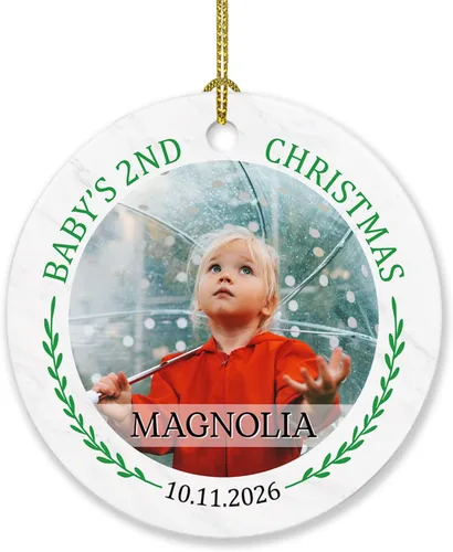 Vista 13 de Adorno de Navidad de la segunda Navidad del bebé 2026, marco de fotos de corona, adorno de segunda Navidad para papá, mamá, nombre de bebé