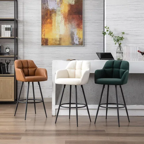 Vista 7 de ROCITY Juego de 2 taburetes de bar de terciopelo con respaldo, silla de bar beige para isla de cocina, taburetes de bar modernos con patas de metal