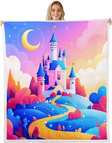 Vista 12 de Princess Flannel Blanket All Seasons,Rainbow Cloud Stars Butterfly Bed Blanket for Kawaii Home Decor,Dreamy Fairy Tale Castle Blanket for Kids Girls