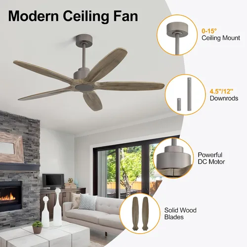 Vista 8 de WINGBO Ventilador de techo de 54 pulgadas sin luz, 5 aspas de madera maciza tallada, motor CC reversible de 6 velocidades, ventilador de techo