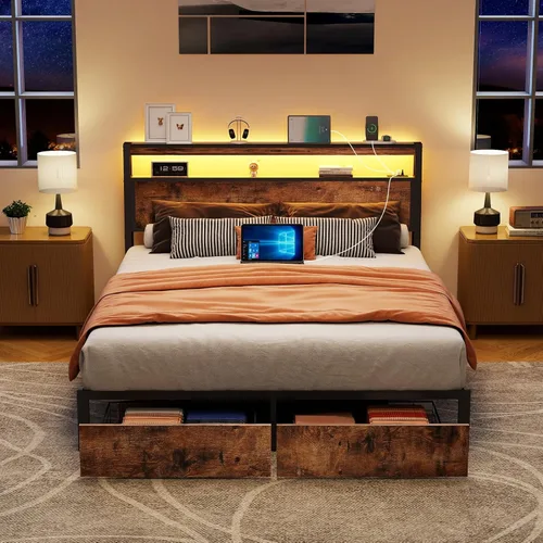 Vista 8 de SADENICEL Base de cama de tamaño matrimonial con almacenamiento, plataforma de cama de madera LED con cabecero, 2 cajones, estación de carga,