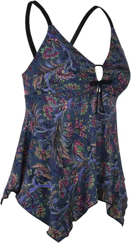 Vista 4 de Firpearl Trajes de baño tankini para mujeres, modestos y fluidos, espalda cruzada, talla plus, top de traje de baño Azul y rojo floral.