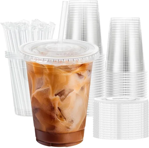 Vista 7 de Lamosi Paquete de 100 vasos de plástico transparente de 12 onzas con tapas y pajitas, tazas desechables para café helado con tapas para bebidas