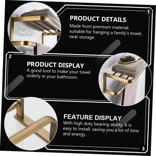 Vista 9 de Homoyoyo Retro Brass Bathroom Wall-Mounted Storage Rack High Load Towel Holder Shelf for Bath and Hand Towels Easy Installation Space-Saving