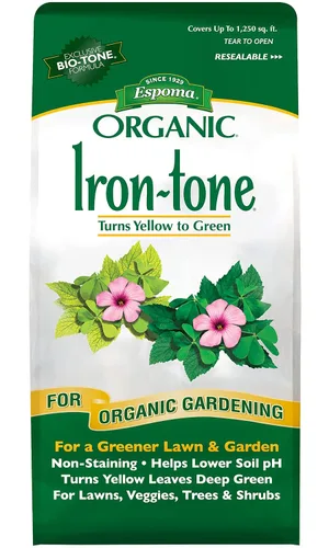 Vista 2 de Espoma Fertilizante orgánico de tono hierro 3-0-3 y alimento vegetal orgánico para ayudar a corregir la deficiencia de hierro (clorosis). Bolsa de 5