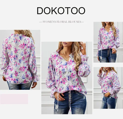 Vista 4 de Dokotoo - Blusa informal, bohemia y con estampado floral para mujer, camiseta con cuello en V y con cordón, blusas de manga corta y manga larga