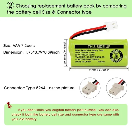 Vista 5 de iMah BT183342/BT283342 2.4V 400mAh Ni-MH - Batería compatible con baterías de teléfono inalámbrico AT&T VTech BT166342/BT266342 BT162342/BT262342