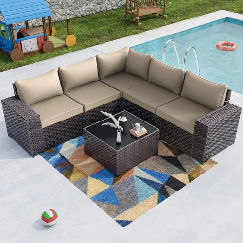Vista 46 de Kullavik - Juego de muebles para exterior de 6 piezas con sofá modular de ratán de polietileno, color negro