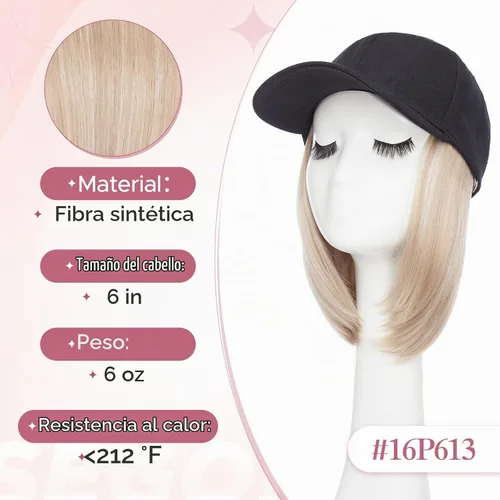 Vista 5 de SEGO - Gorra de béisbol con extensiones de cabello para mujer, resistente al calor, sintético, 6 pulgadas, ajustable, corta, recta, peluca