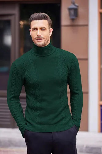 Vista 2 de COOFANDY Suéter de cuello alto ajustado para hombre, suéter de punto trenzado casual