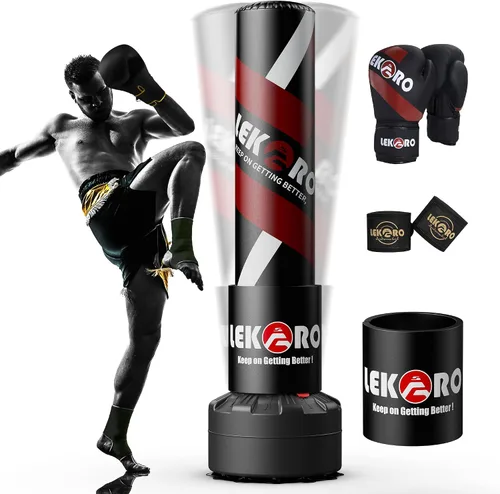 Vista 7 de Saco de boxeo independiente con guantes de boxeo, bolsa de boxeo pesada con soporte para adultos y niños, bolsa de kickboxing de pie Negro dorado