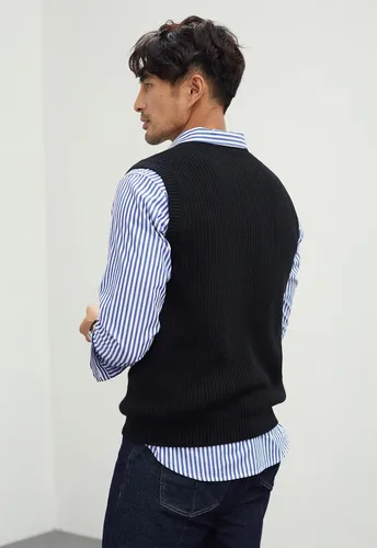 Vista 3 de zhili FS - Suéter de punto con cuello en V para hombre, sin mangas, chaleco de punto, liso, liso, ajuste holgado, todo tipo de suéter