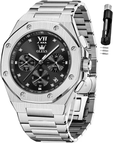Vista 13 de OLEVS - Relojes de acero inoxidable para hombre, reloj de negocios y vestir de gran tamaño, fácil de leer, analógico, impermeable, luminoso, casual