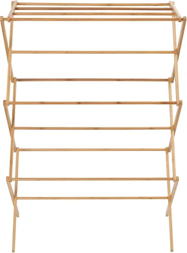 Vista 2 de Estante de secado plegable de bambú – Soporte de secado de ropa plegable para uso en interiores y exteriores – Perchero de ropa que ahorra espacio