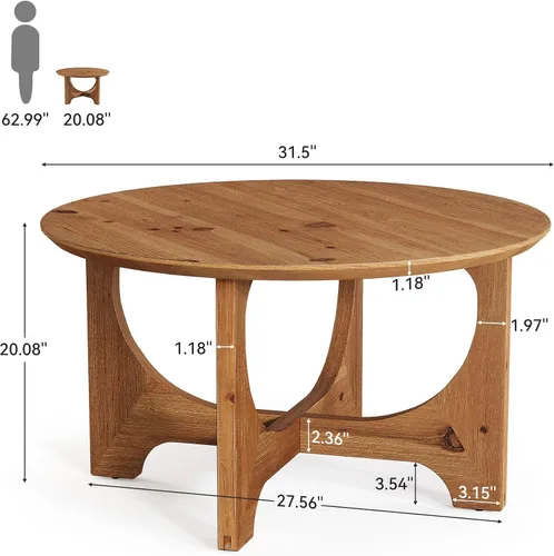 Vista 2 de Mesa de centro de madera maciza de 31.5 pulgadas, mesa central redonda de granja para sala de estar, apartamento, espacio pequeño, color marrón