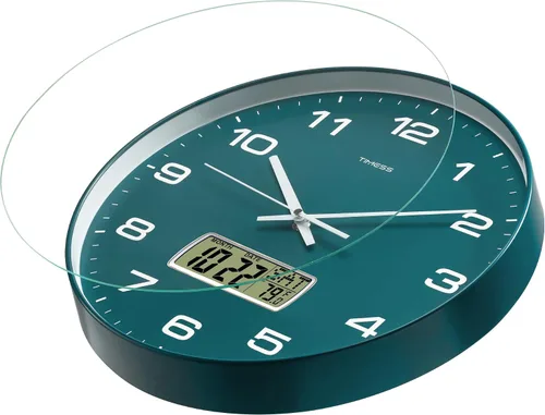 Vista 6 de Reloj de pared TIMESS, de 14" con gran esfera silenciosa y sin tictac, funciona con pilas, analógico con pantalla LCD para calendario perpetuo
