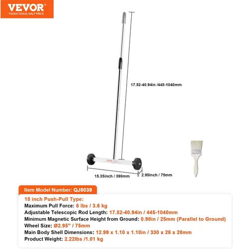 Vista 7 de VEVOR Barredora magnética con ruedas, mini barredora magnética de 15 pulgadas, capacidad de 8 libras, mango ajustable, barredora magnética ligera