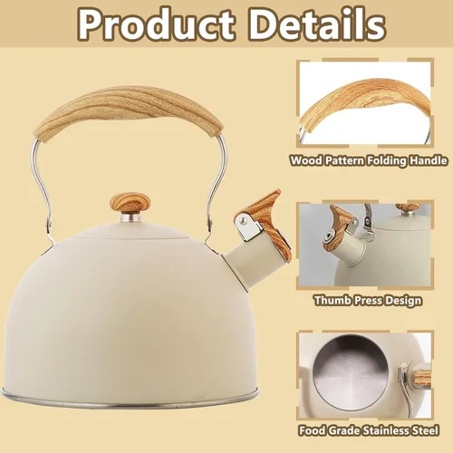 Vista 3 de Tetera de 2.6 cuartos de galón, tetera silbante de acero inoxidable de grado alimenticio con mango de madera, funciona para todas las estufas