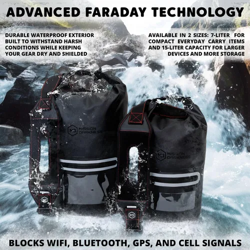 Vista 6 de Mission Darkness Dry Shield Faraday Tote 15L/ Bolsa seca impermeable para seguridad y transporte de dispositivos electrónicos, bloqueo de señal